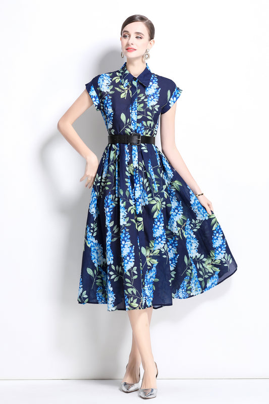 Women's Printed Collar Neck Short Sleeve MIDI Dress