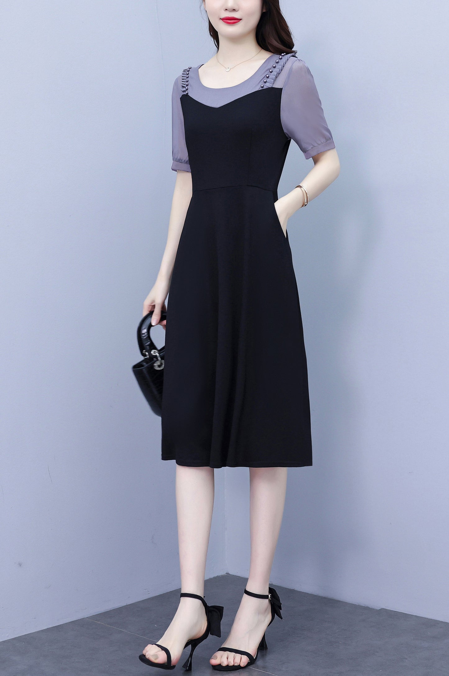 Women's Short Sleeve Pocket A-line Stretch Midi Dress