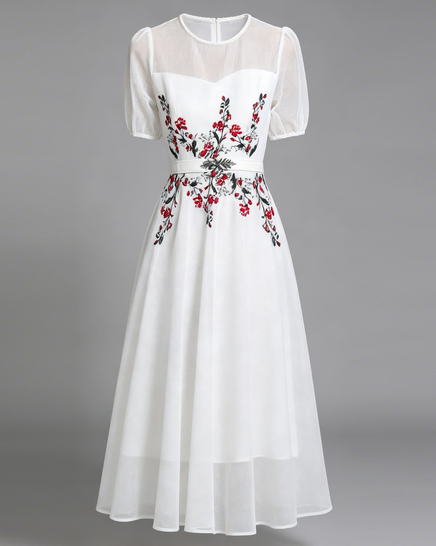 LAI MENG FIVE CATS Embroidered Mesh Floral White Midi Dress - LAI MENG FIVE CATS