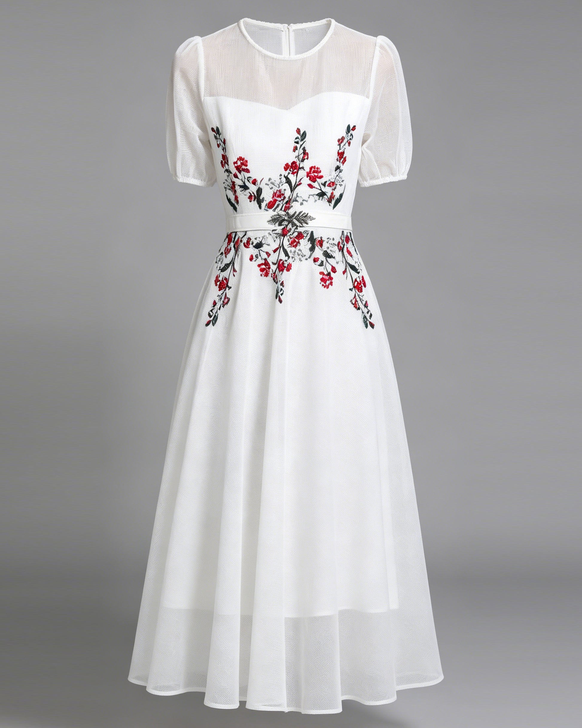LAI MENG FIVE CATS Embroidered Mesh Floral White Midi Dress - LAI MENG FIVE CATS