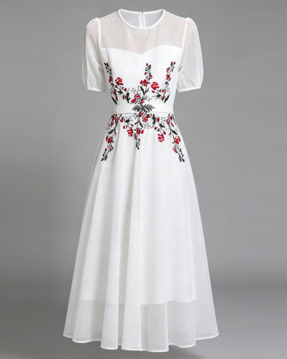LAI MENG FIVE CATS Embroidered Mesh Floral White Midi Dress - LAI MENG FIVE CATS