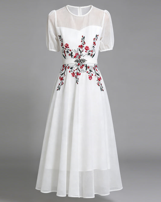 LAI MENG FIVE CATS Embroidered Mesh Floral White Midi Dress