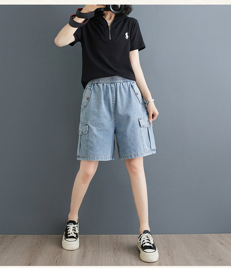 Women's High Waisted Baggy Jean Wide Leg Denim Shorts - LAI MENG FIVE CATS