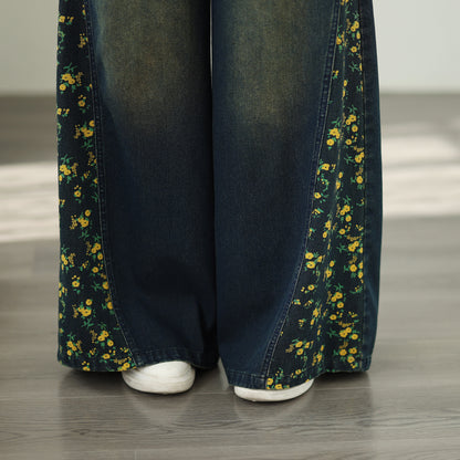 Women's Denim Wide Leg Baggy Jeans Drawstring Waist Pants - LAI MENG FIVE CATS