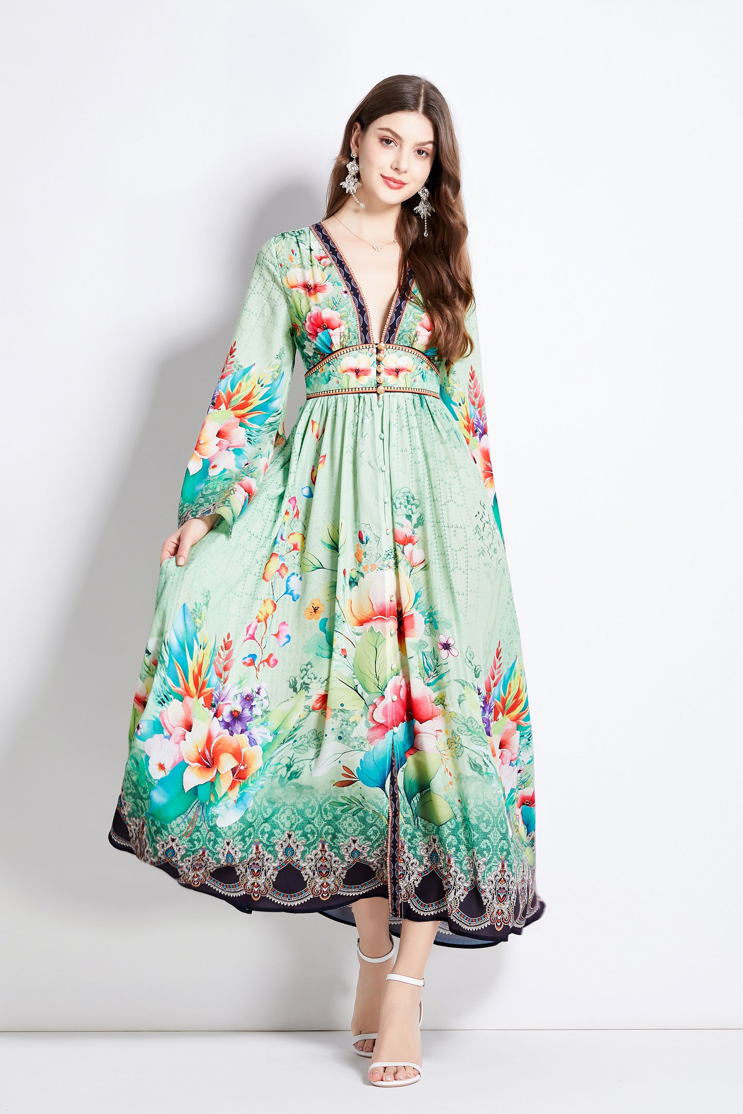 Womens Summer Flared Long Slit Sleeve Floral Print Deep V Neck Front Slipt Maxi Dress