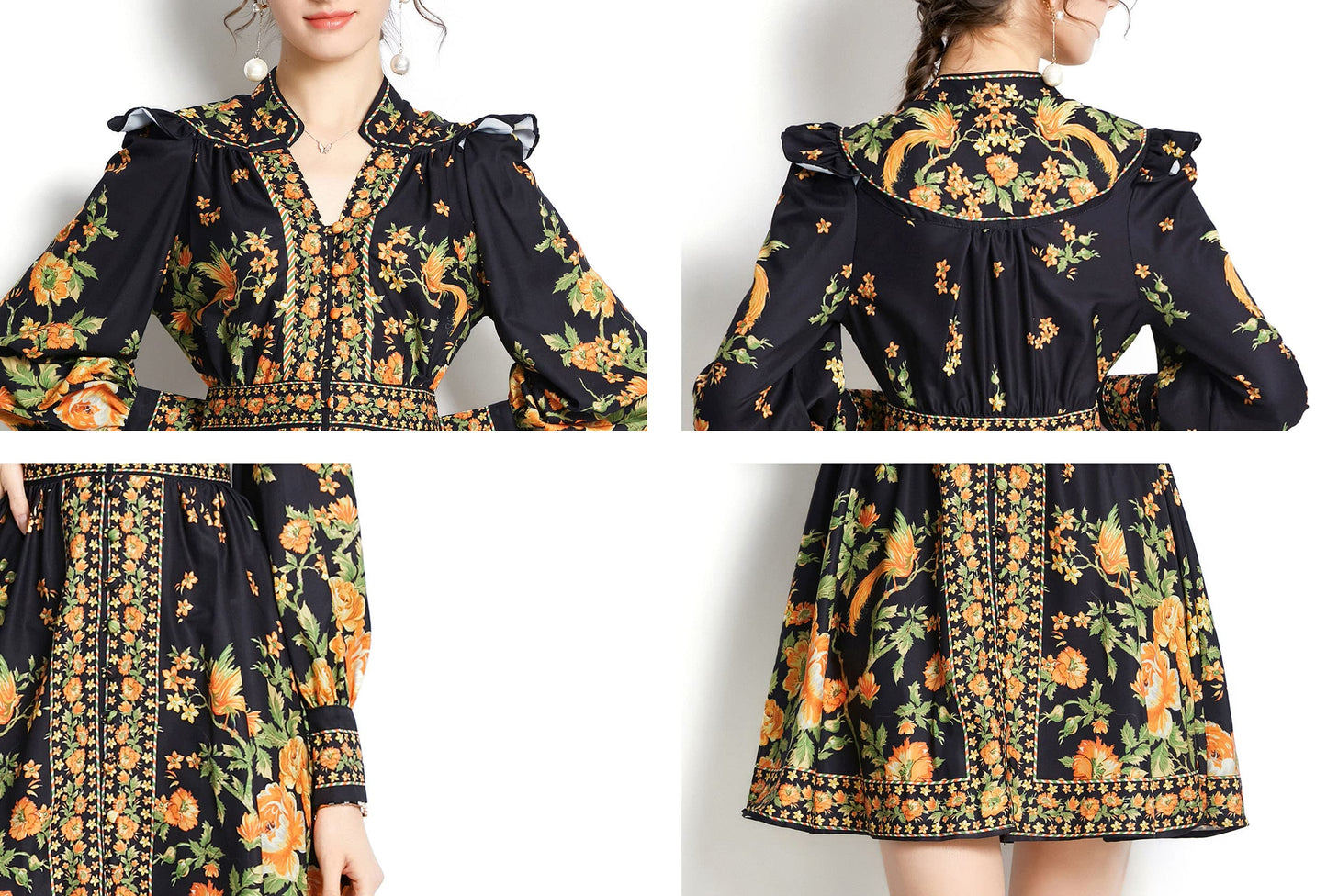 Women's Floral Print Button up Lantern Sleeve Casual A-line Mini Dress