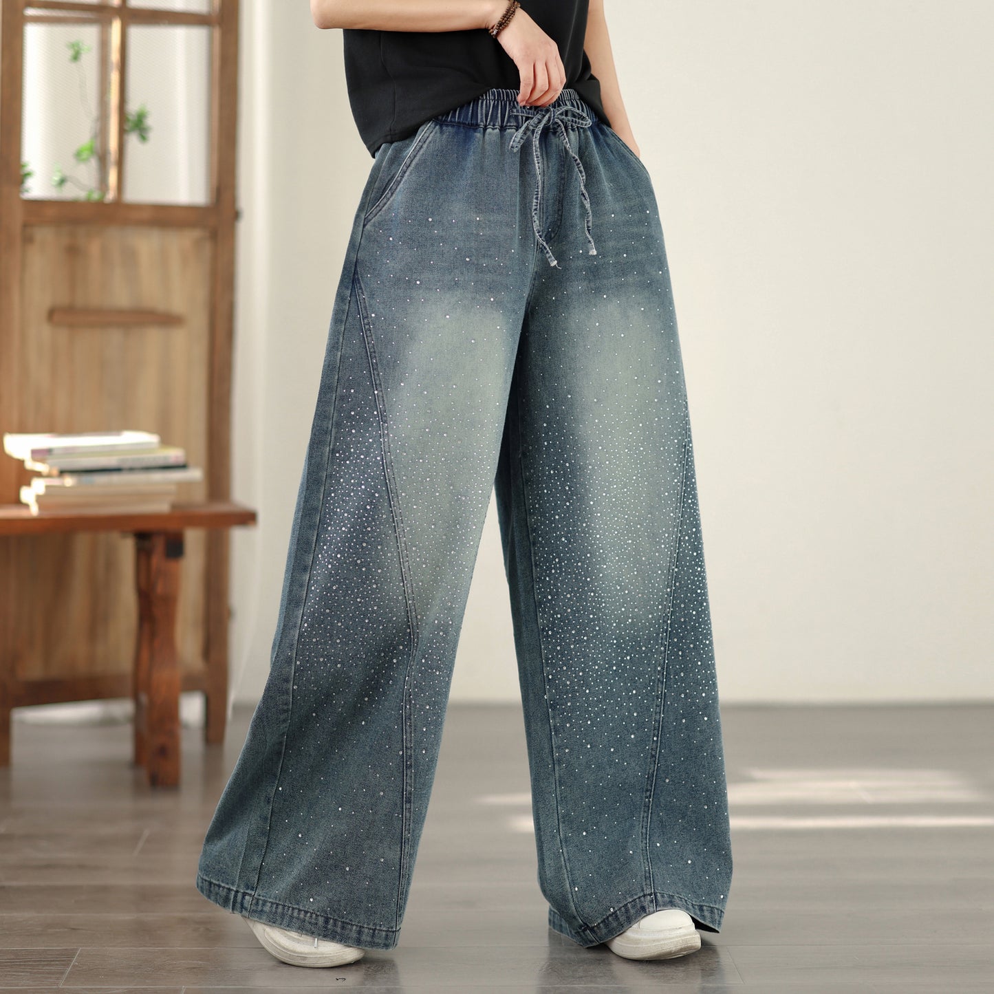 Women's Baggy Jeans Drawstring Waist Wide Leg Denim Pants