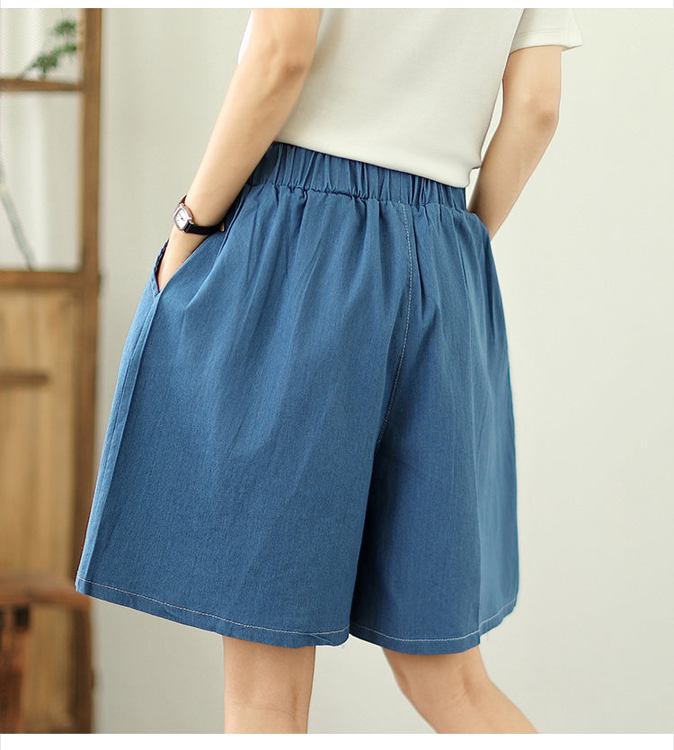 Women's High Waisted Baggy Jean Wide Leg Denim Shorts - LAI MENG FIVE CATS