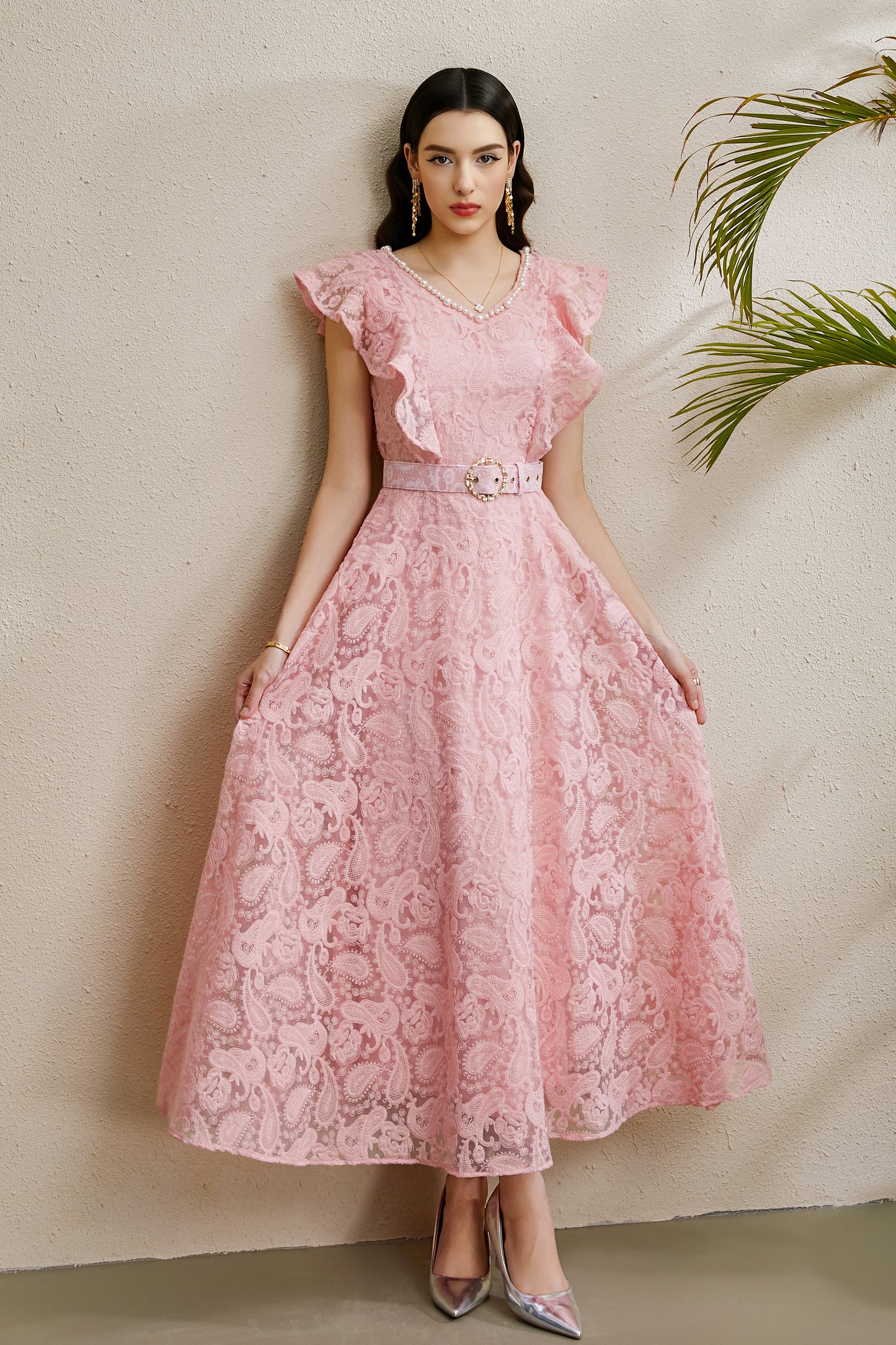 Women's Pearl V-Neck Lace Sleeveless Ruffled Sleeves Maxi Dress