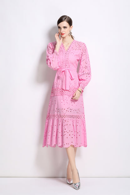 V-Neck Puff Sleeves Hollow Lace Midi Dress