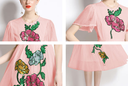 Pink Vintage Elegant Mesh Embroidered Midi Dress