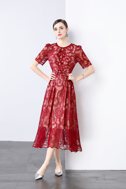Red Lace Bow Midi Dress – Elegant Romantic Summer Party Dress