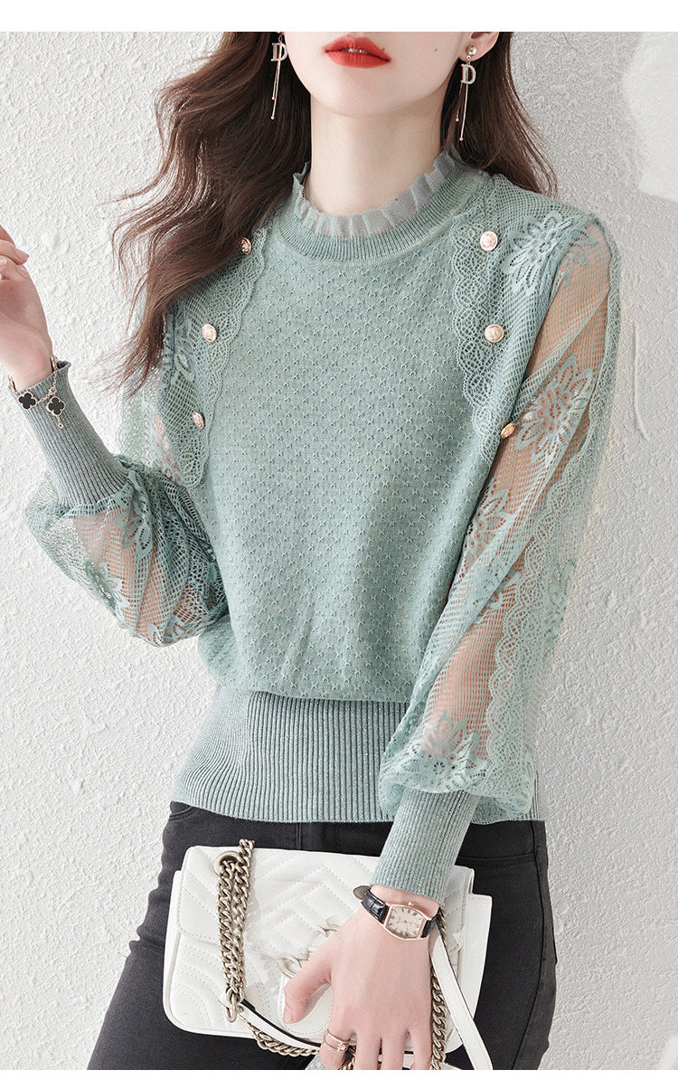 Women's Turtleneck Sweater Lantern Sleeves  Lace Tops - LAI MENG FIVE CATS