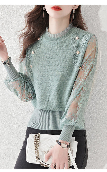 Women's Turtleneck Sweater Lantern Sleeves  Lace Tops - LAI MENG FIVE CATS