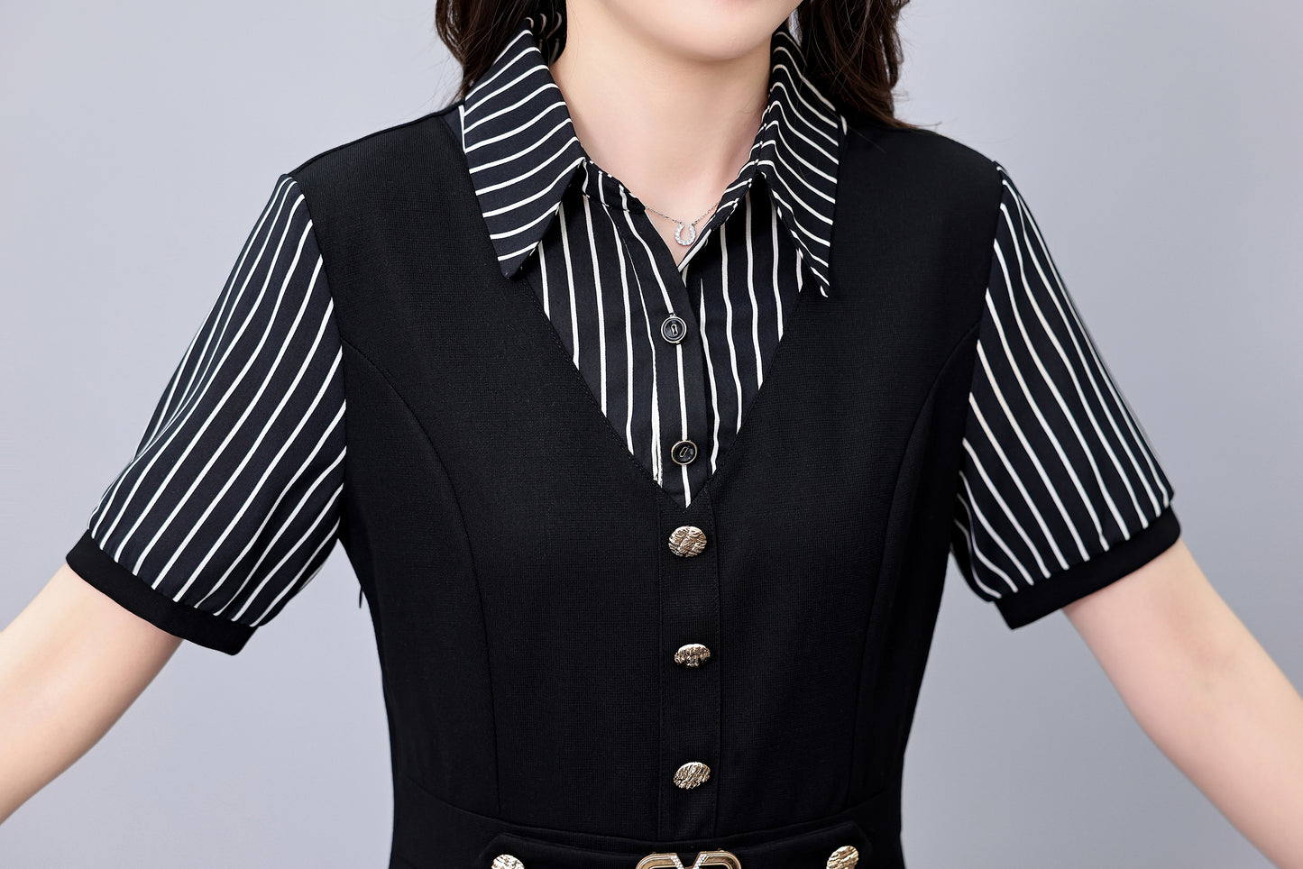 26-Women's Lapel V-Neck  Pockets Midi Dress - LAI MENG FIVE CATS
