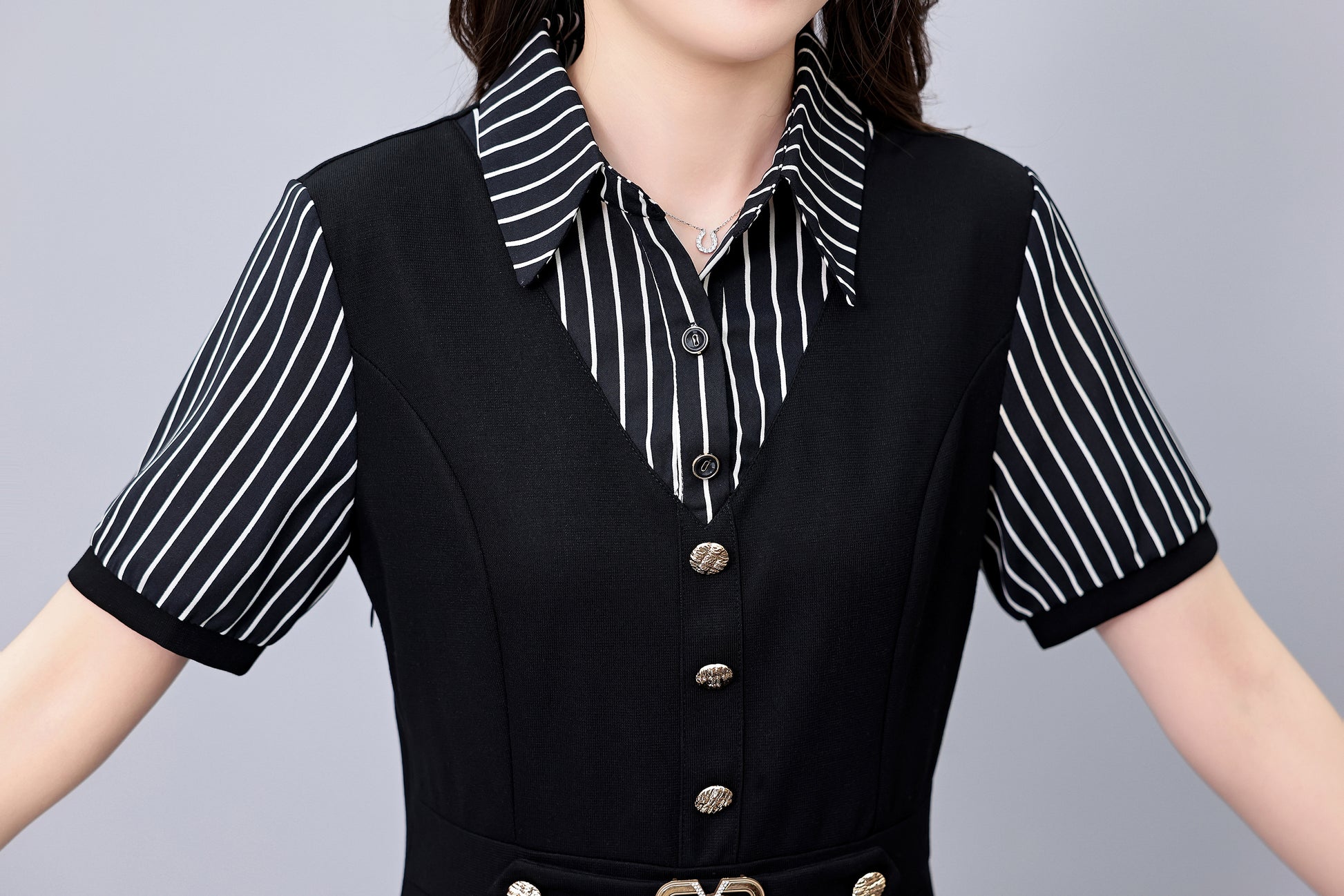 26-Women's Lapel V-Neck  Pockets Midi Dress - LAI MENG FIVE CATS