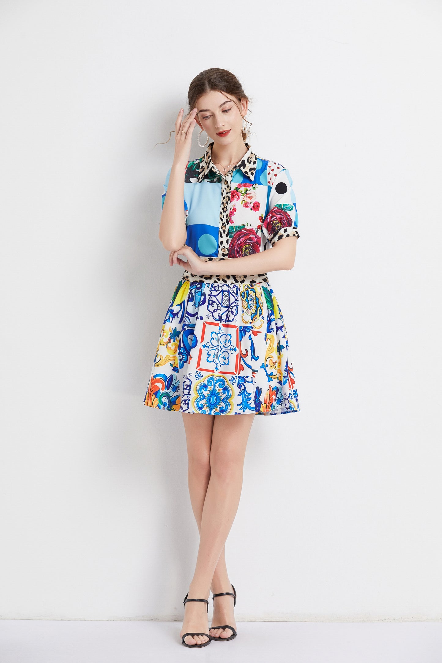 SSY-Women's 2 Piece Skirt Set Floral Short Sleeve Short Dress