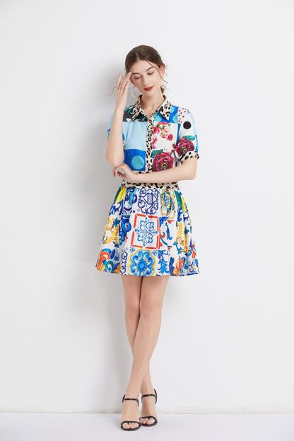 SSY-Women's 2 Piece Skirt Set Floral Short Sleeve Short Dress