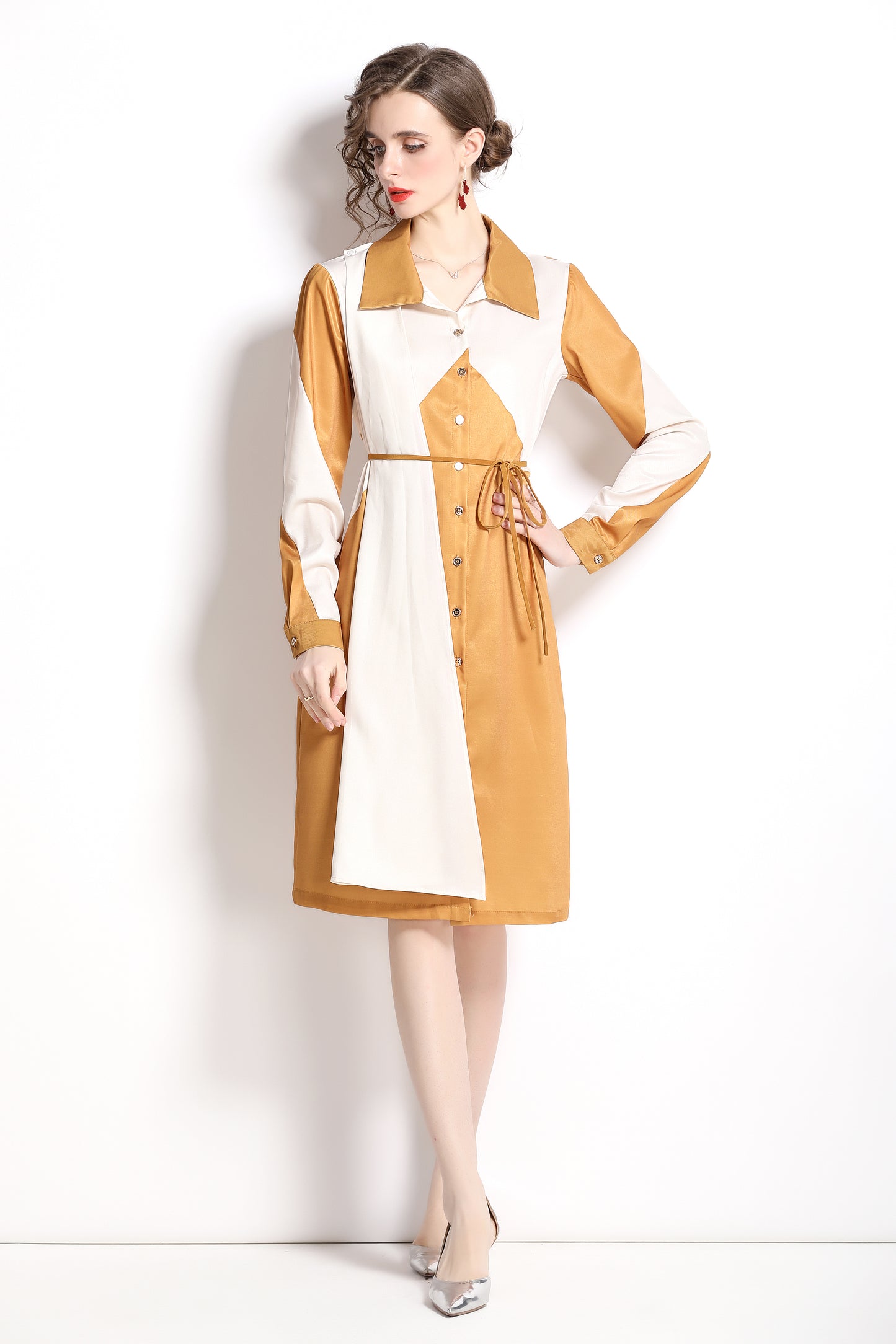 SSY-Women's Floral Print Button up Long Sleeve Midi Dress