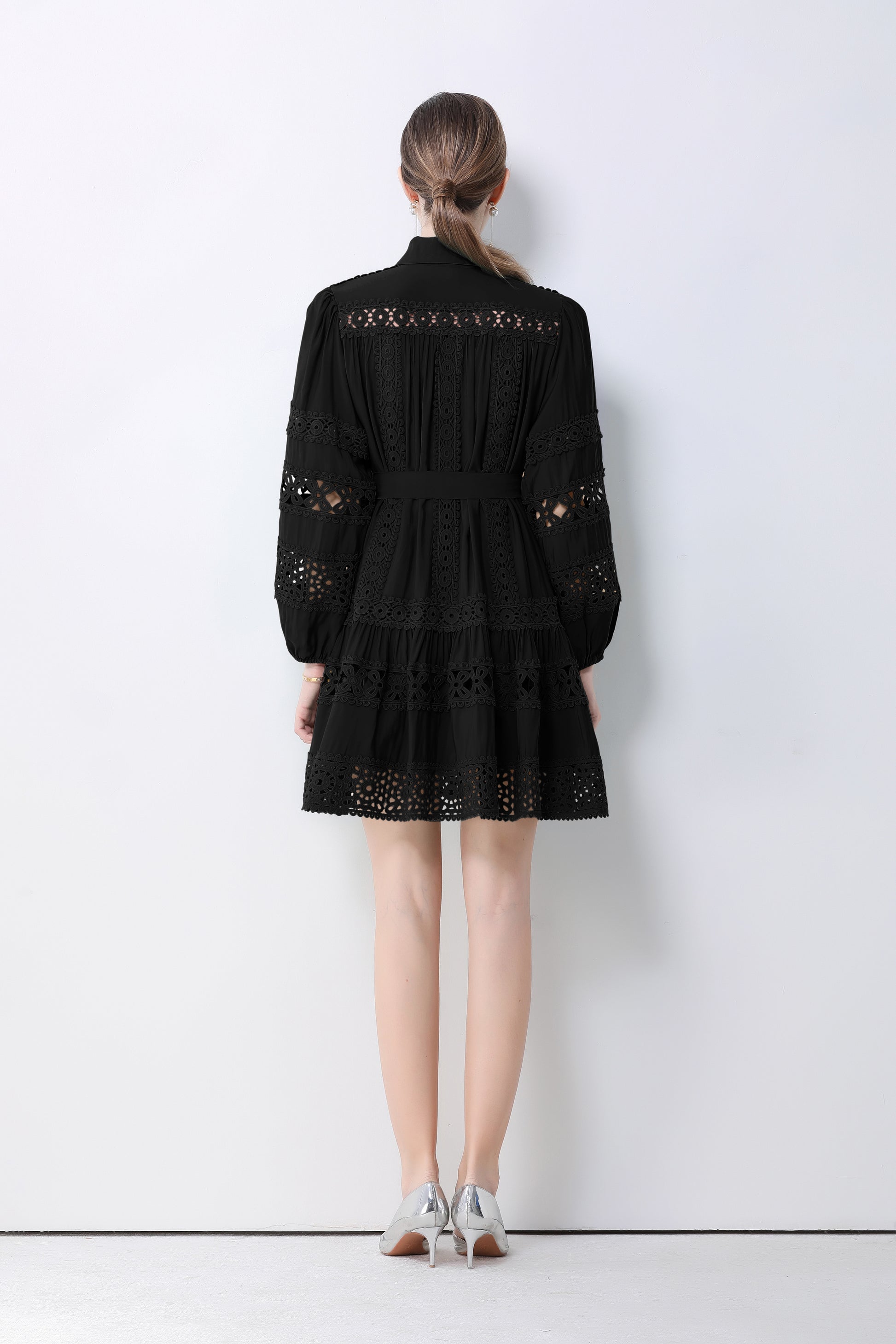 Women's Hollow Out Lace Puff Sleeve Button Mini Dress - LAI MENG FIVE CATS