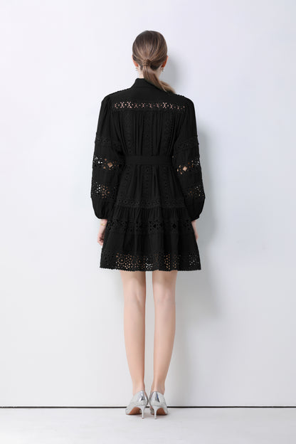 Women's Hollow Out Lace Puff Sleeve Button Mini Dress - LAI MENG FIVE CATS