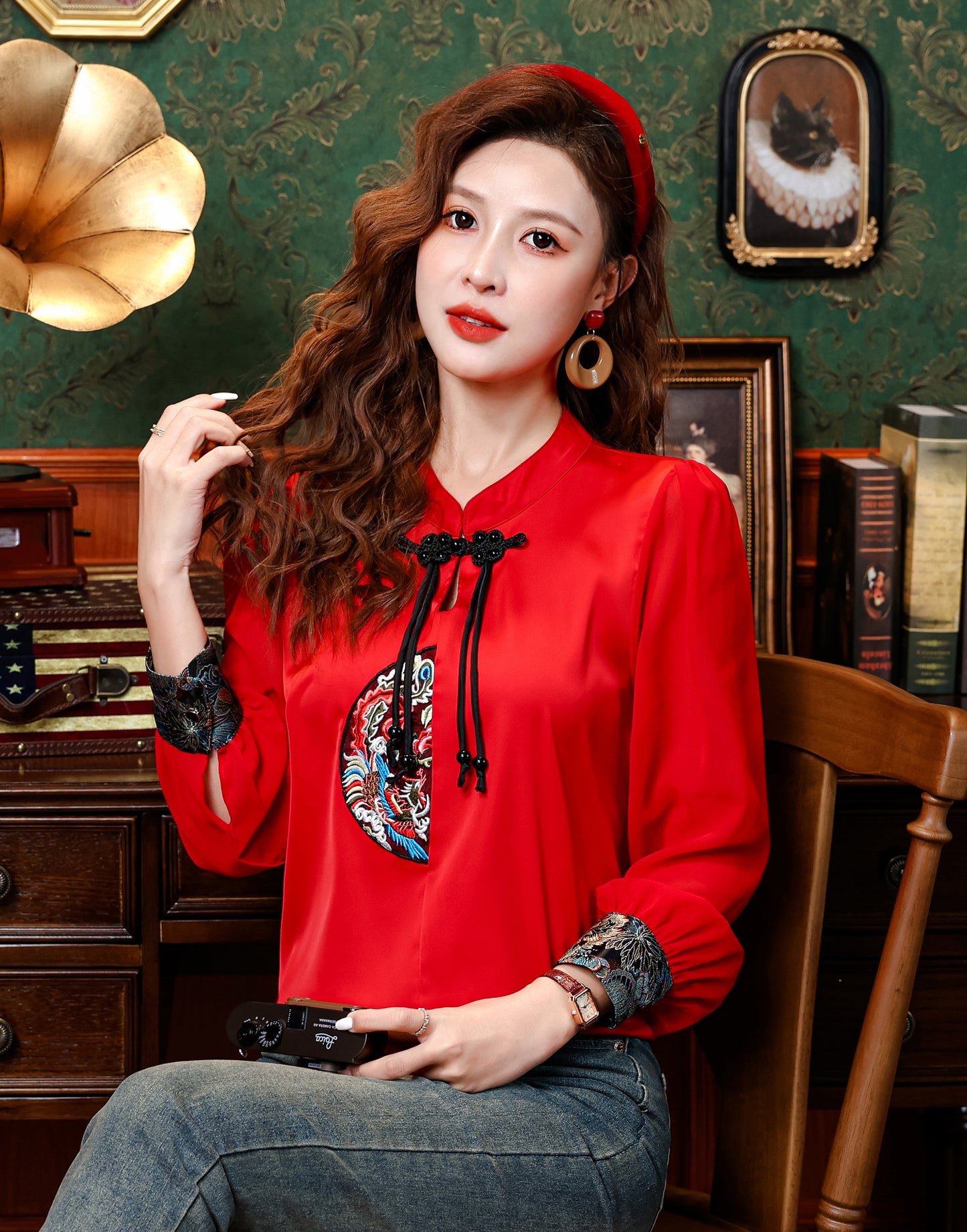 Women's Silk Satin Top Embroidered  Jacquard Shirt