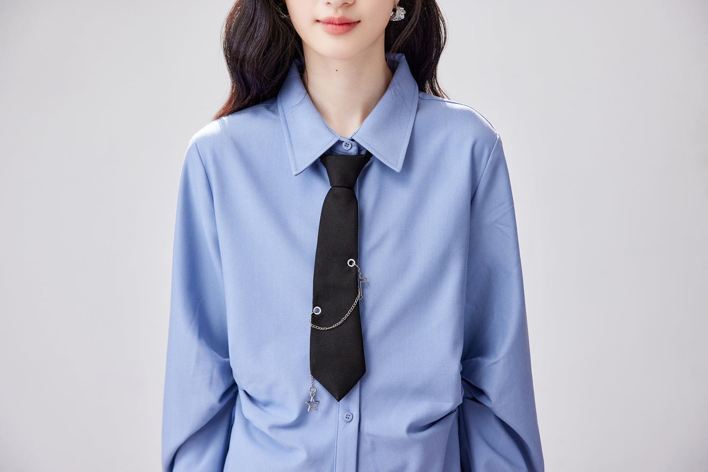 Elegant Light Blue Slim-Fit Shirt with Side Ruching & Tie Detail