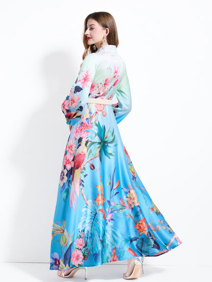 Women's Floral Print Puff Sleeve Split Maxi Dress