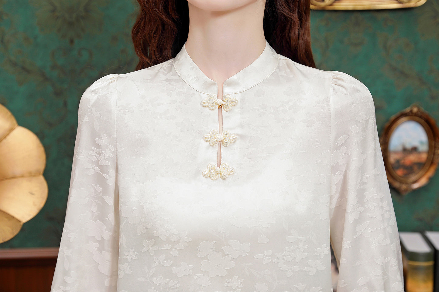 Women's Silk Satin Mandarin Collar Long Sleeve Blouse Top - LAI MENG FIVE CATS