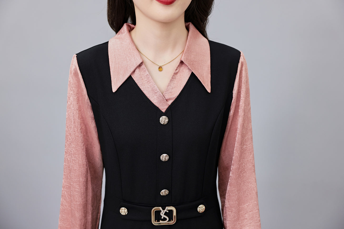 Women's Lapel V-Neck Pocket Long Sleeve Black Dress