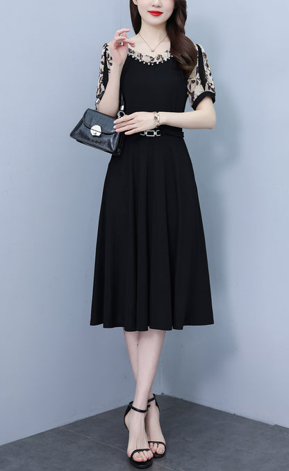 Women's Short Sleeve Pocket A-line Stretch Midi Dress