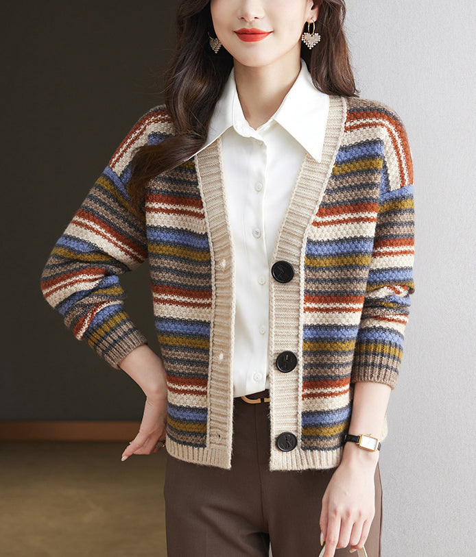 Women's Striped Cable Knit Sweater Cardigan Outerwear