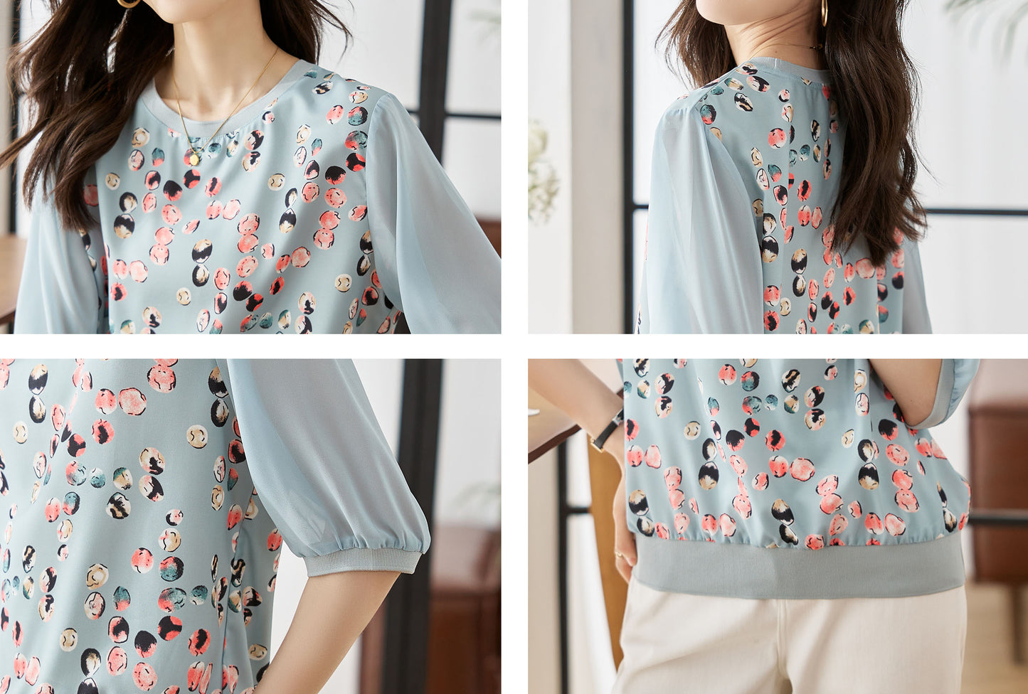 Blue Casual Patchwork Shirt Floral Print Tops