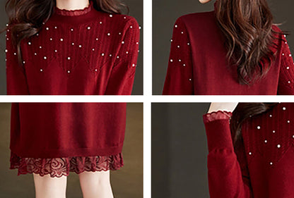 Lace Patchwork Shiny Beads Mini Sweater Dress