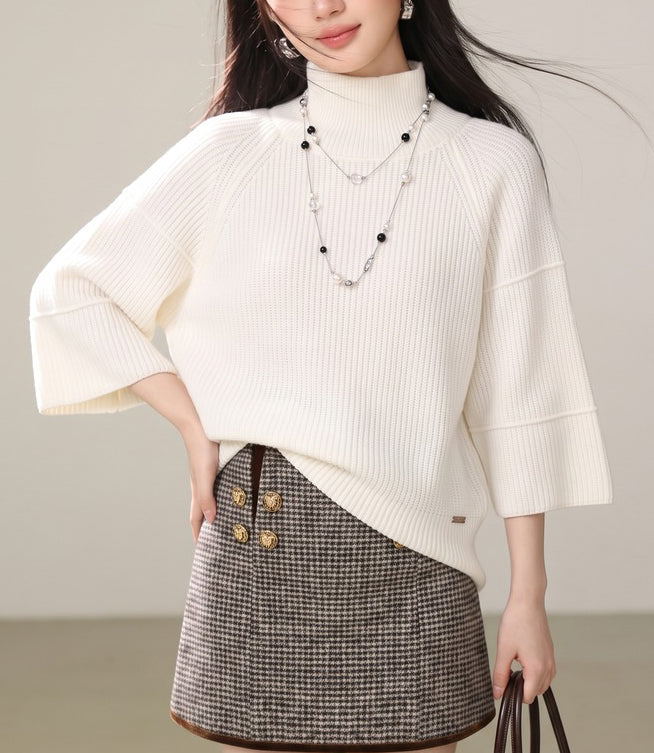 28681-Ribbed Turtleneck Flare-Sleeve Knit Sweater – Black & White