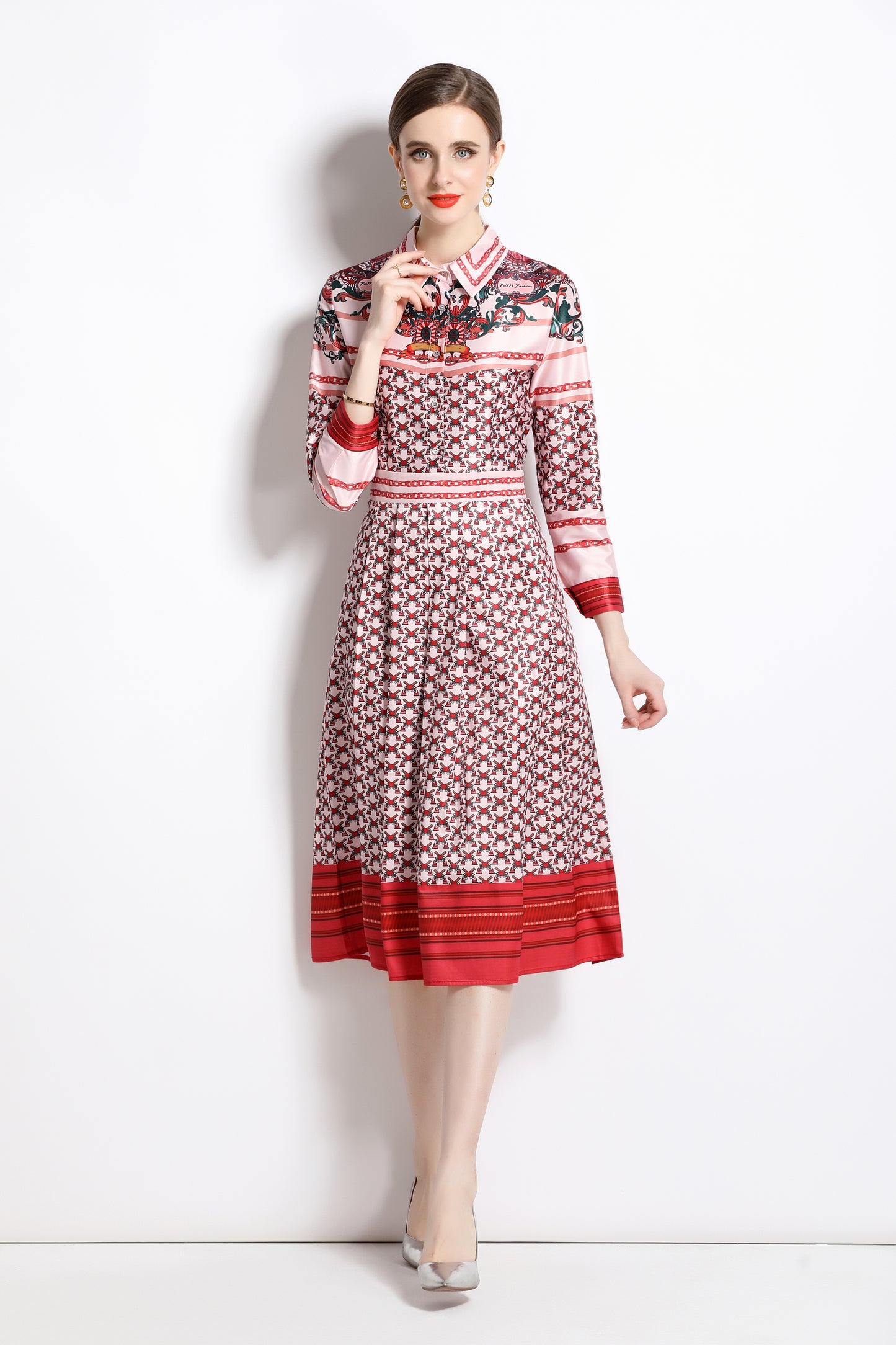 FSY-Women's Floral Print Button A-line Flowy Midi Dress