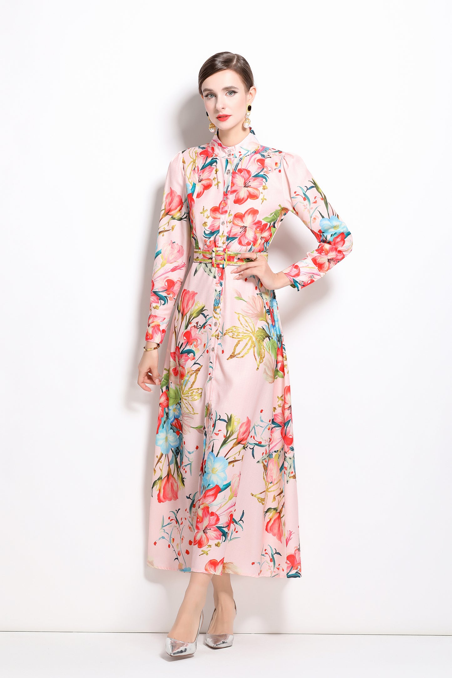 FSY-Women's Floral Print Long Sleeve Button Loose Maxi Dress