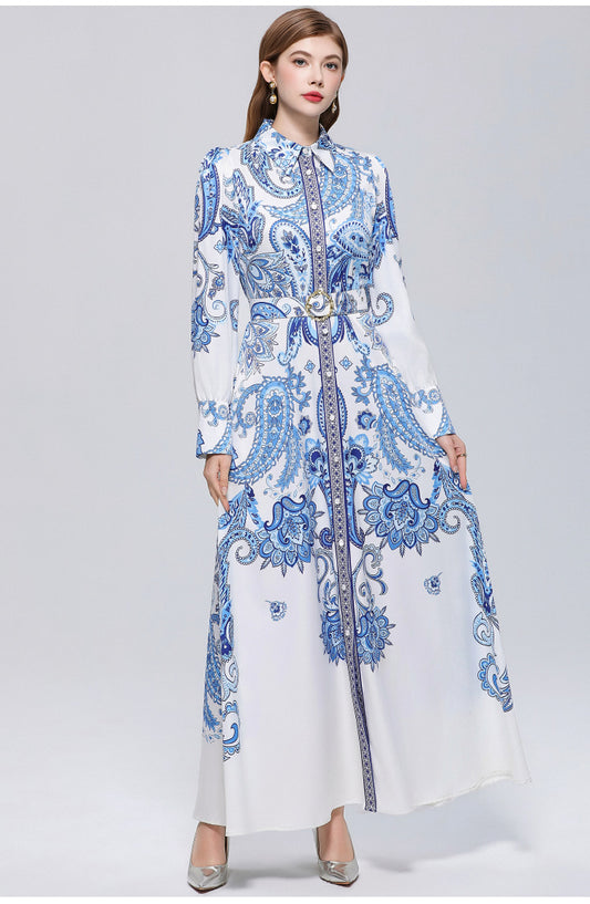 Women's Floral Print Button Maxi Dress With Belts