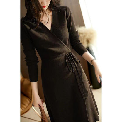 Women's Knit V Neck Sweater Wrap Midi Dress - LAI MENG FIVE CATS