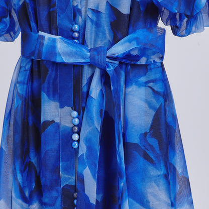 Women's Floral Print Puff Sleeve Fishtail Loose Maxi Dress