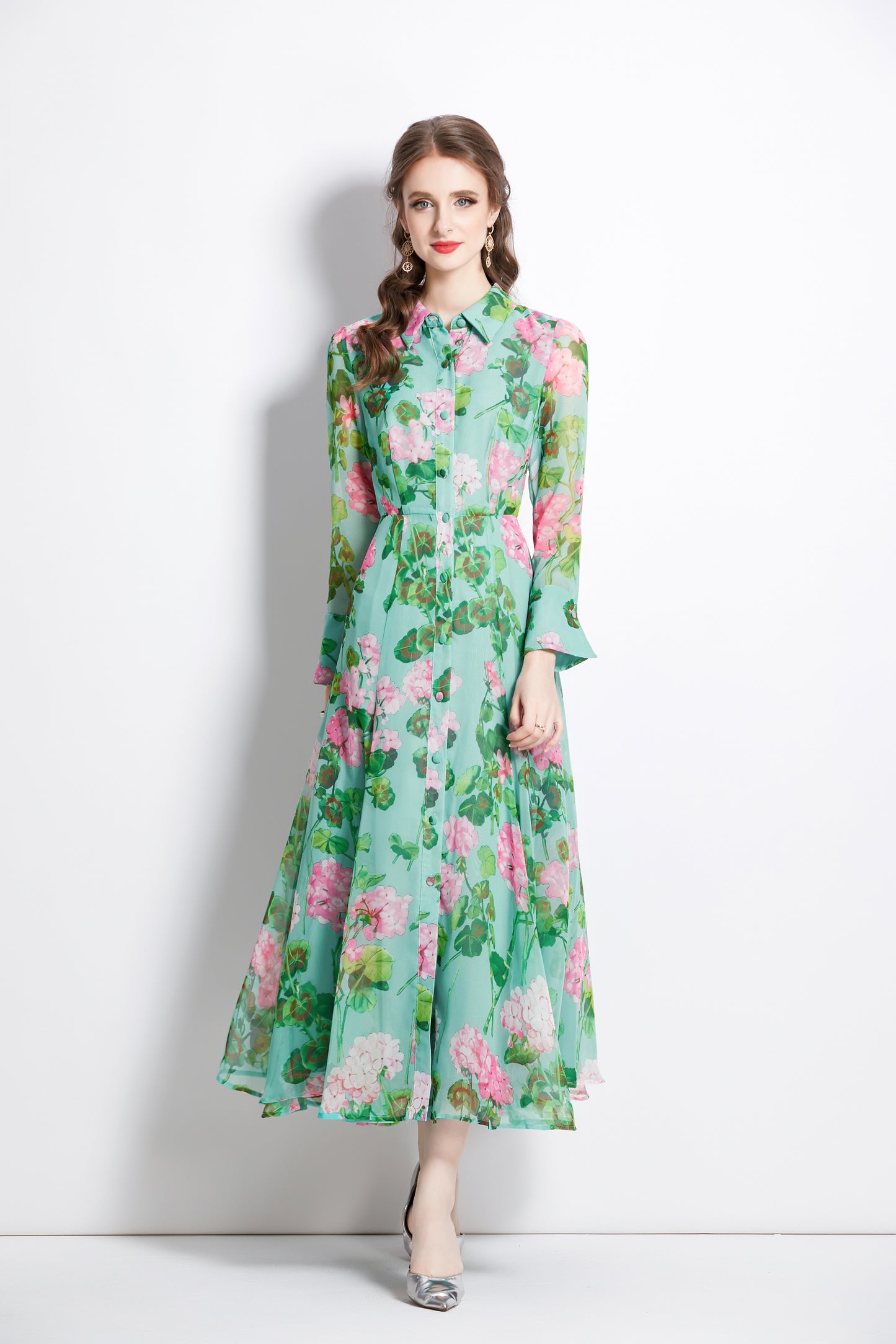 Women's Floral Print Button Up Split Maxi Dress