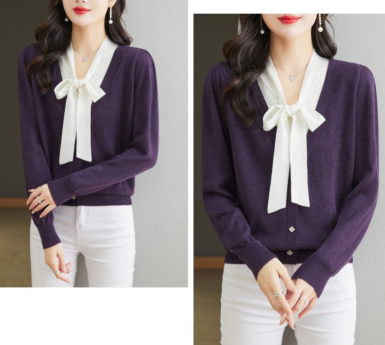 Women's Color Block Tie Neck Knit Top Sweater