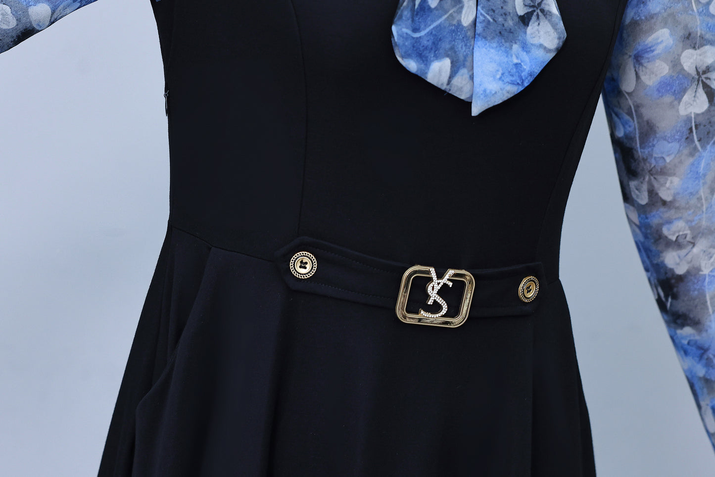 Women's V-Neck Long Sleeve Patchwork Black Dress