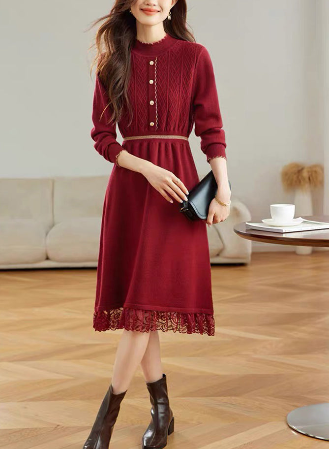 Women's Turtleneck Sweater Knit Lace Trim Midi Dress
