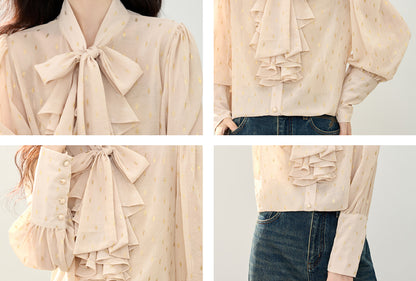 Bow Tie Ruffle Blouse with Metallic Print