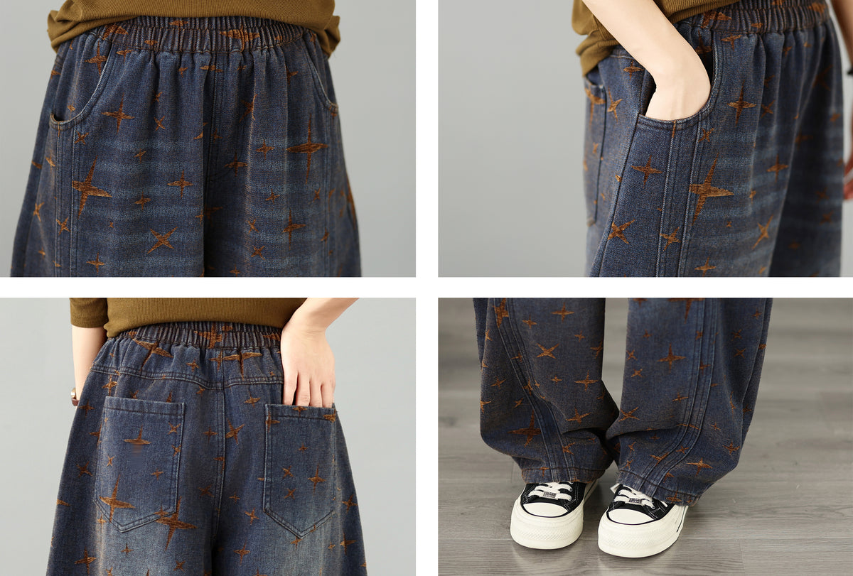 28677-Vintage Brown Star Print Denim Wide Leg Pants with Elastic Waist