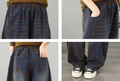 28677-Vintage Brown Star Print Denim Wide Leg Pants with Elastic Waist