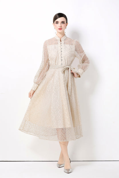 Women's Lace Lantern Sleeve Button Midi Dress