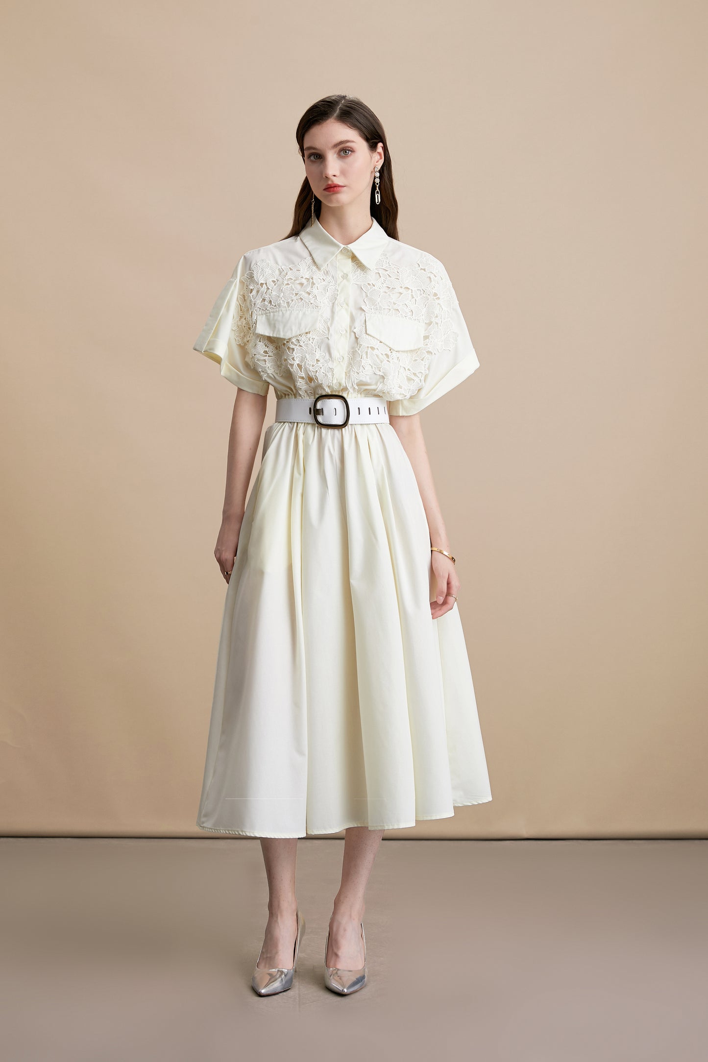 Women's Lace Collar Short Sleeves Pocket Midi Dress