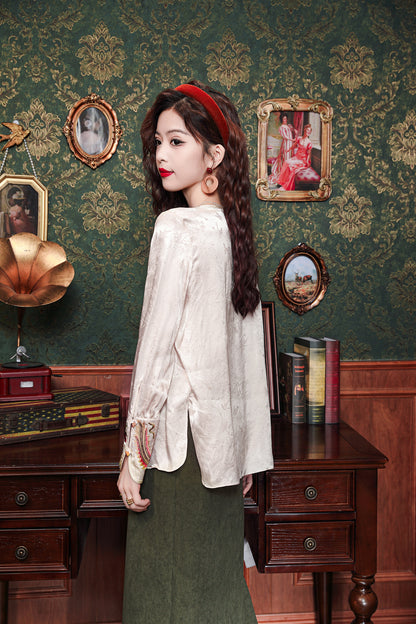 Women's Round Neck Jacquard Embroidery Blouses - LAI MENG FIVE CATS